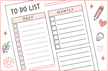 Cute illustrated daily and monthly to do list planner with checkboxes decorative elements like a pencil heart and leaf