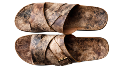 Worn leather sandals, criss-cross straps, distressed texture, top view