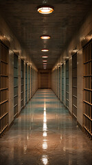 Dimly lit prison hallway with metal bars and reflective floor