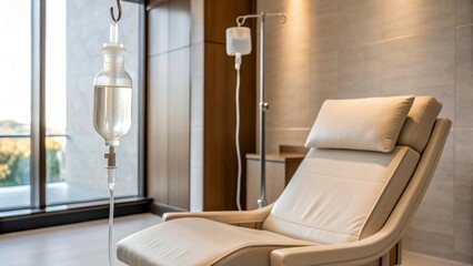 A luxurious and inviting chair with IV bags hanging, suggesting a high-end wellness clinic or a private hospital room focused on patient well-being and recovery