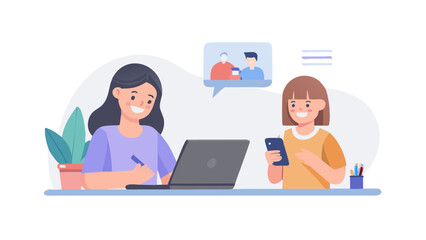 Two women in video call working remotely