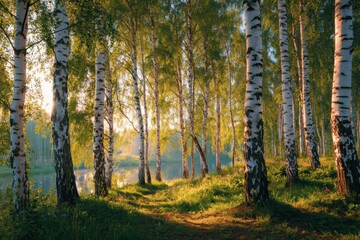 Fototapeta premium sunlit morning birch grove