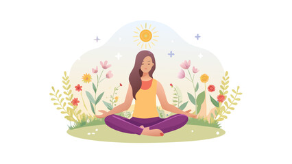 Obraz premium Woman meditating in nature with sun and flowers