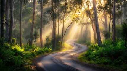 Obraz premium Sunlit winding forest road with soft morning rays creating a peaceful natural landscape 