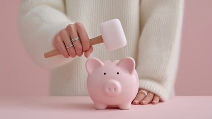 A close-up concept image of a woman holding a mallet above a ceramic piggy bank, ready to smash it open. The cozy scene symbolizes personal finance, saving money, financial stress, budgeting