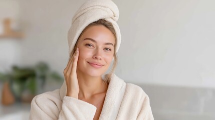 A beautiful young woman with a towel wrapped around her hair touches her cheek, showcasing clear skin and relaxed confidence. Ideal for beauty, skincare, spa, and morning ritual themes