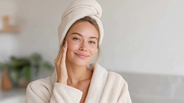 A beautiful young woman with a towel wrapped around her hair touches her cheek, showcasing clear skin and relaxed confidence. Ideal for beauty, skincare, spa, and morning ritual themes - Powered by Adobe