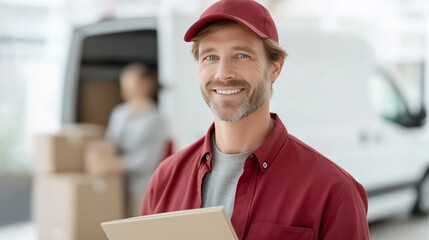 A friendly delivery courier in a branded red uniform and cap holding a package. Reliability, service and professionalism secure delivery logistics, e-commerce and shipping industries
