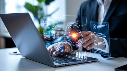 Businessman interacting with futuristic holographic data interface on laptop
