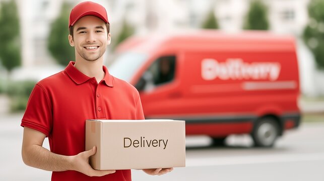 A cheerful male courier in red uniform and cap holding a cardboard delivery box in front of a matching red van. Fast service, professionalism and reliability ideal for shipping, logistics and online