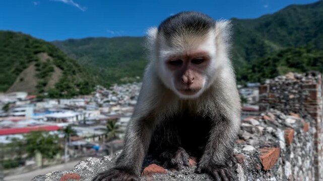 A funny capuchin monkey sits on a wall thoughtfully scratching its head against a city background, a humorous scene representing confusion, problem-solving, or deep thought