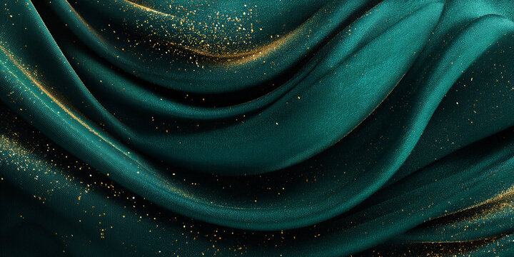 Soft emerald fabric adorned with sparkling golden accents creating an elegant texture suitable for various decor and fashion applications