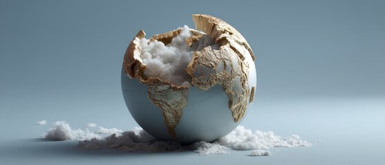 Shattered globe depicting international crisis concept with dramatic clouds emerging