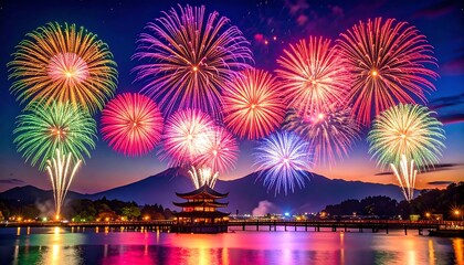 Majestic fireworks spectacle over tranquil waters and ancient oriental architecture