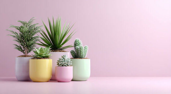 Collection of vibrant potted plants adds charm to pastel pink room, featuring various succulents and cacti in colorful pots