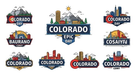 Naklejka premium Collection of Colorado State Badge Designs Featuring City Skylines Mountains and Outdoor Elements