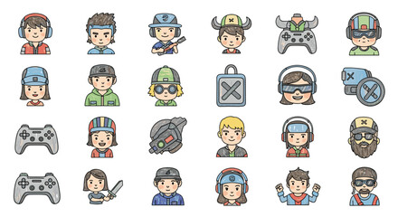 Collection of gaming characters and controller icons. Video games, gamers, digital, avatars, esports, virtual reality, entertainment, technology, childhood.