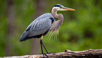 Majestic great blue heron perched on a weathered branch against verdant backdrop
