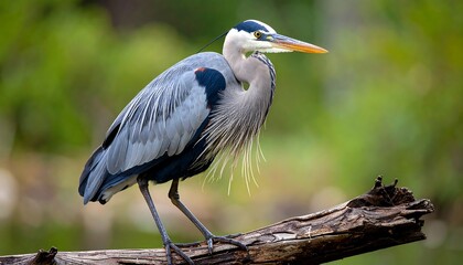 Majestic great blue heron perched on weathered branch against a verdant backdrop