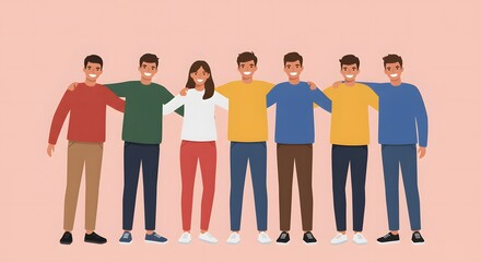Fototapeta premium A group of six people, five men and one woman, stand together with their arms around each other's shoulders, smiling.