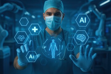 Technological Touch in Healthcare: A medical professional interacts with an advanced AI interface, highlighting the future of medicine with futuristic technology.