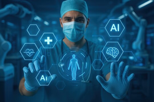 Technological Touch in Healthcare: A medical professional interacts with an advanced AI interface, highlighting the future of medicine with futuristic technology.