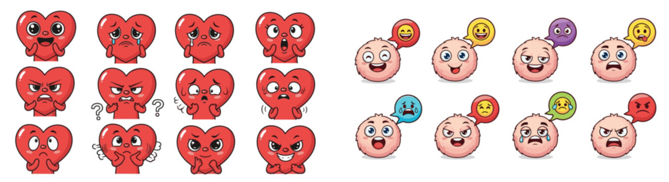 Cartoon hearts and fuzzballs express emotions. Expressive, mood, sentiment, feelings, emoticon, comic, illustration, emoji, cute, fun
