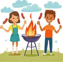 Crayon-Style Children&rsquo;s BBQ Illustration with Grill and Food