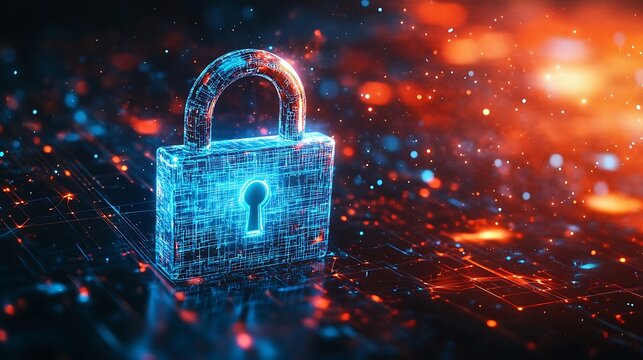 Digital cybersecurity lock with glowing data protection on futuristic circuit network
