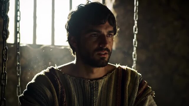Man in striped robe, prison cell, pensive look
