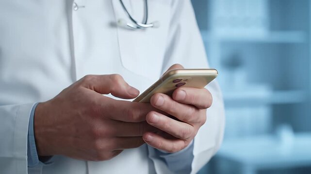 Doctors Hands Texting on Gold Mobile Phone Device Wearing White Coat and Stethoscope in Modern Blue Healthcare Setting