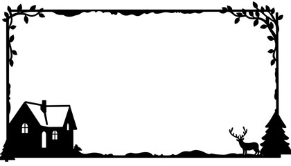 Obraz premium Silhouette of snowy cottage with reindeer, festive holiday frame, winter scene