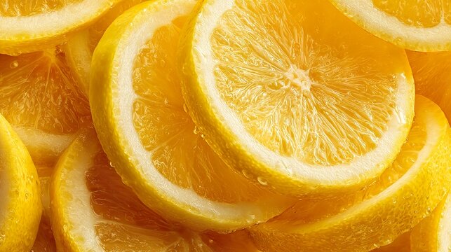 Fresh lemon slices arranged in a vibrant spiral with visible juice pockets, resting on a rustic wooden board under warm sunlight.