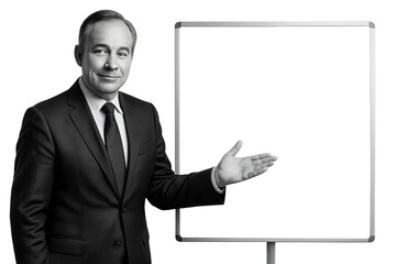 Older businessman in black suit presenting empty flip board, man presenting board on transparent background