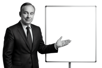 Older businessman in black suit presenting empty flip board, man presenting board on transparent background