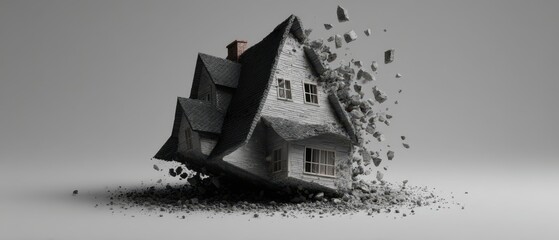 Shattered house model depicting real estate crisis concept for financial analysis and economic discussion