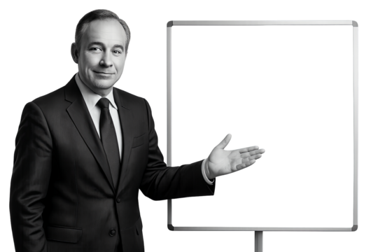 Older businessman in black suit presenting empty flip board, man presenting board on transparent background