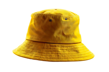 Vibrant yellow bucket hat isolated on crisp transparent PNG background — high‑resolution cutout perfect for trendy summer fashion accessory designs, sunshine vacation branding, and playful outdoor