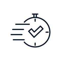 Clock, tick. Fast response concept. Vector linear icon isolated on white background.