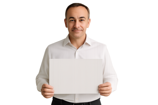 Man in white shirt holding blank folded sheet of paper, man presenting board on transparent background