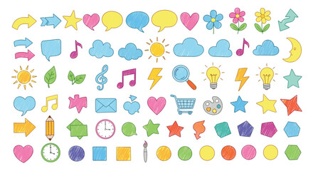Colorful sketch icons and symbols. Doodle elements, hand drawn illustration, decorative design, art, education, graphic resources.
