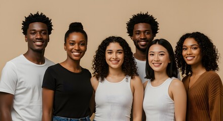Diverse group of young adults posing for a portrait against a neutral backdrop.