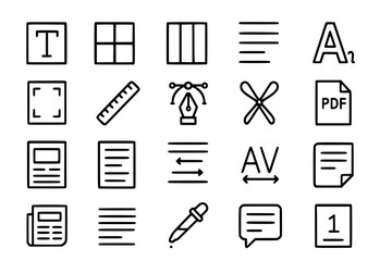 Typography Design Document Icon Set - Text Editor Layout Grid Alignment Font PDF Writing Tools Vector Line Art Icons for Publishing Content Creation Design