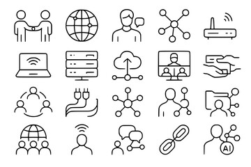 Network Connection Technology Icon Set - Communication Internet WiFi Cloud Server Social Media Digital Connectivity Vector Line Art Icons for Tech App UI Design