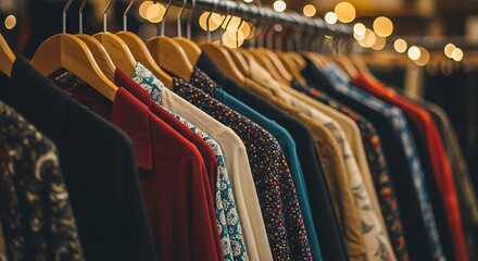 A vibrant rack of assorted shirts in a vintage clothing store displays a diverse