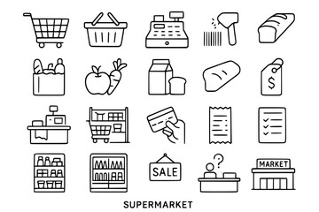 Supermarket Grocery Store Line Icons Set - Shopping Cart, Cash Register, Food Items, Payment, Receipt Vector Illustrations for Retail UI Design Projects