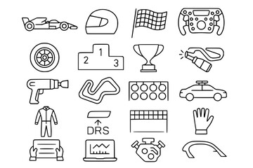 Formula 1 Racing Icons Set - Motorsport Line Art Collection with F1 Car, Helmet, Trophy, Checkered Flag, Tire, DRS Wing, Racing Suit Vector Outline Symbols for UI Design