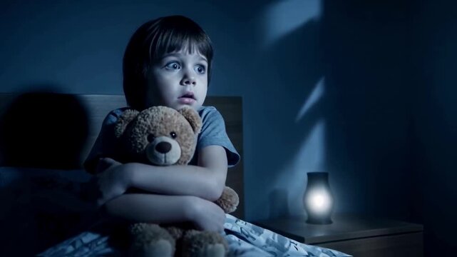 A terrified little boy sits in bed at night hugging a teddy bear, staring fearfully at an open closet, representing childhood fears, nightmares and anxiety
