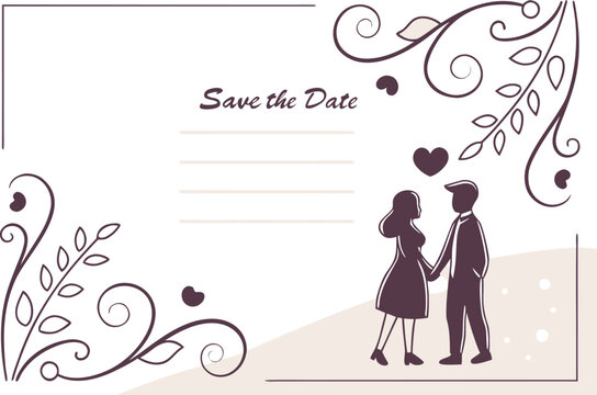 Elegant save the date wedding invitation featuring a silhouetted couple holding hands beneath a heart surrounded by decorative floral swirls and leaves