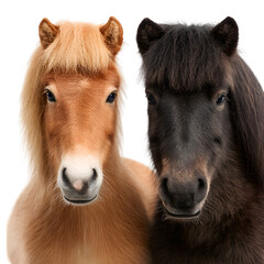 Fototapeta premium Two ponies side by side and one light brown and one dark and friendly pet scene and isolated white background Batch realistic clean bright simple modern stock image isolated on plain background fo